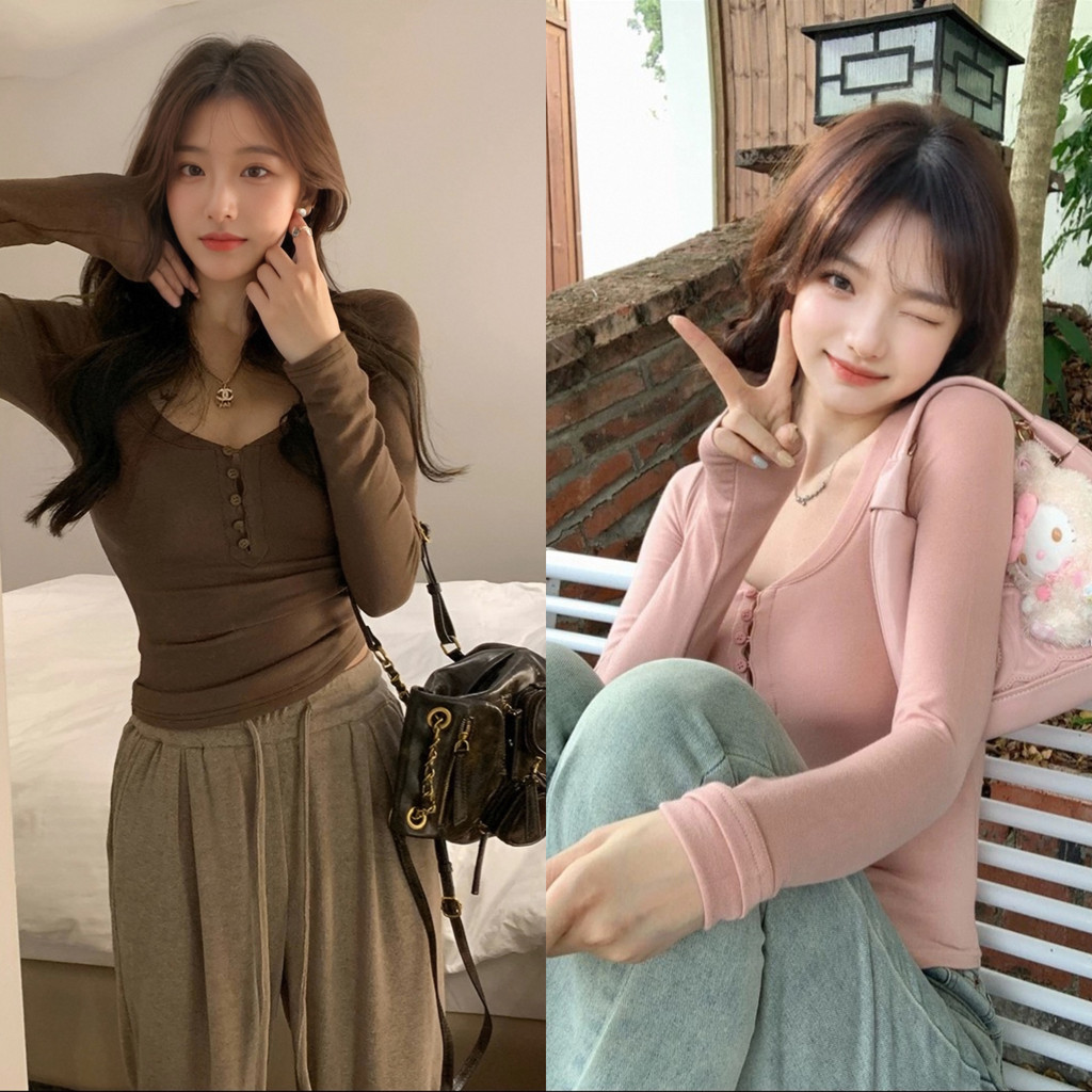 เสื้อยืดแขนยาวแต่งกระดุมหน้า สไตล์เกาหลี น่ารักและแฟชั่นดีไซน์รัดรูป ทรงสวย