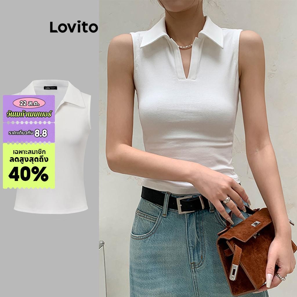 Lovito เสื้อกล้ามผู้หญิง คอปก เบสิก สีพื้น สไตล์ลำลอง L80ED150