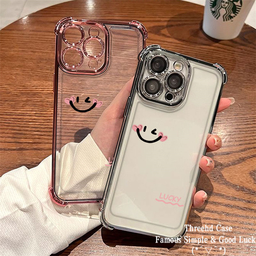 ปลอกใช้งานร่วมกับ IPhone 11 XR 15 14 13 12 Pro Max 7 8 Plus SE 2020 X Xs Max หรูหราสี่มุมถุงลมนิรภัยเลนส์ฟิล์มป้องกันกรณียิ้มง่ายขั้นสูง TPU ฝาหลัง
