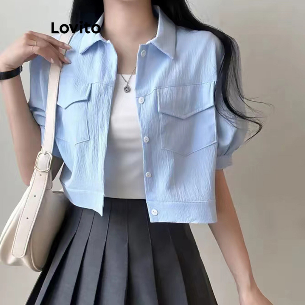 Lovito เสื้อโค้ทผู้หญิง มีกระเป๋า สีพื้น สไตล์ลำลอง LNE67436