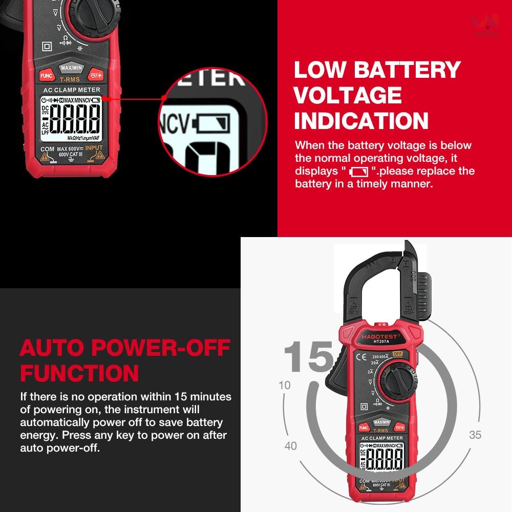 [Overseas shipment]Habotest HT207A 2000 นับ Digital Clamp Meter มัลติมิเตอร์มือถือ AC DC แรงดันไฟฟ้า