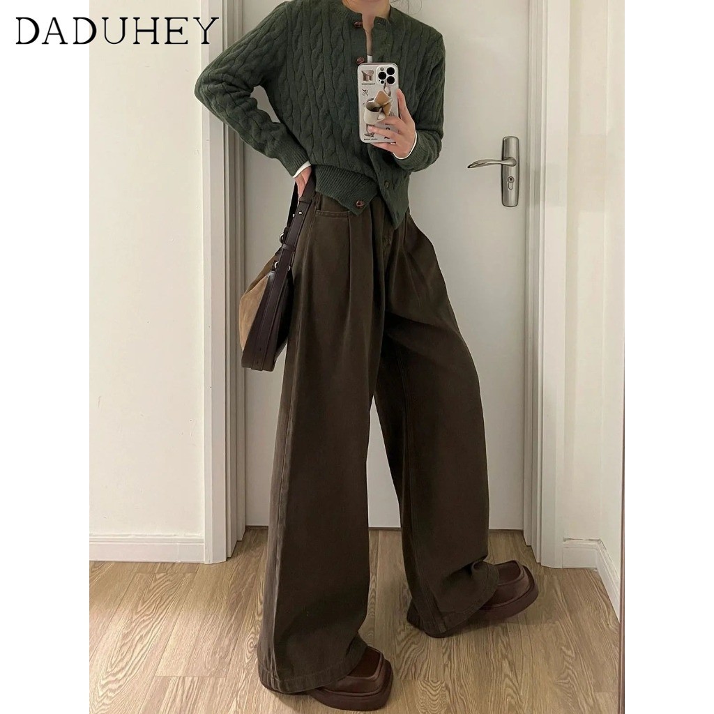 DaDuHey🎈 American Retro Fashion High Waist Loose and Slimming Straight Casual Pants Women's 2024 Autumn Brown Wide Leg Jeans