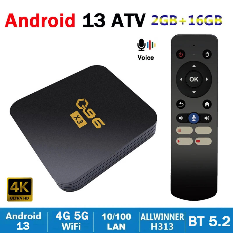 Q96X3 ATV Smart TV Box Android 13 ALLWINNER H313 Quad Core 4K UHD 2GB 16GB 2.4G 5G WiFi BT 5.2 Set T