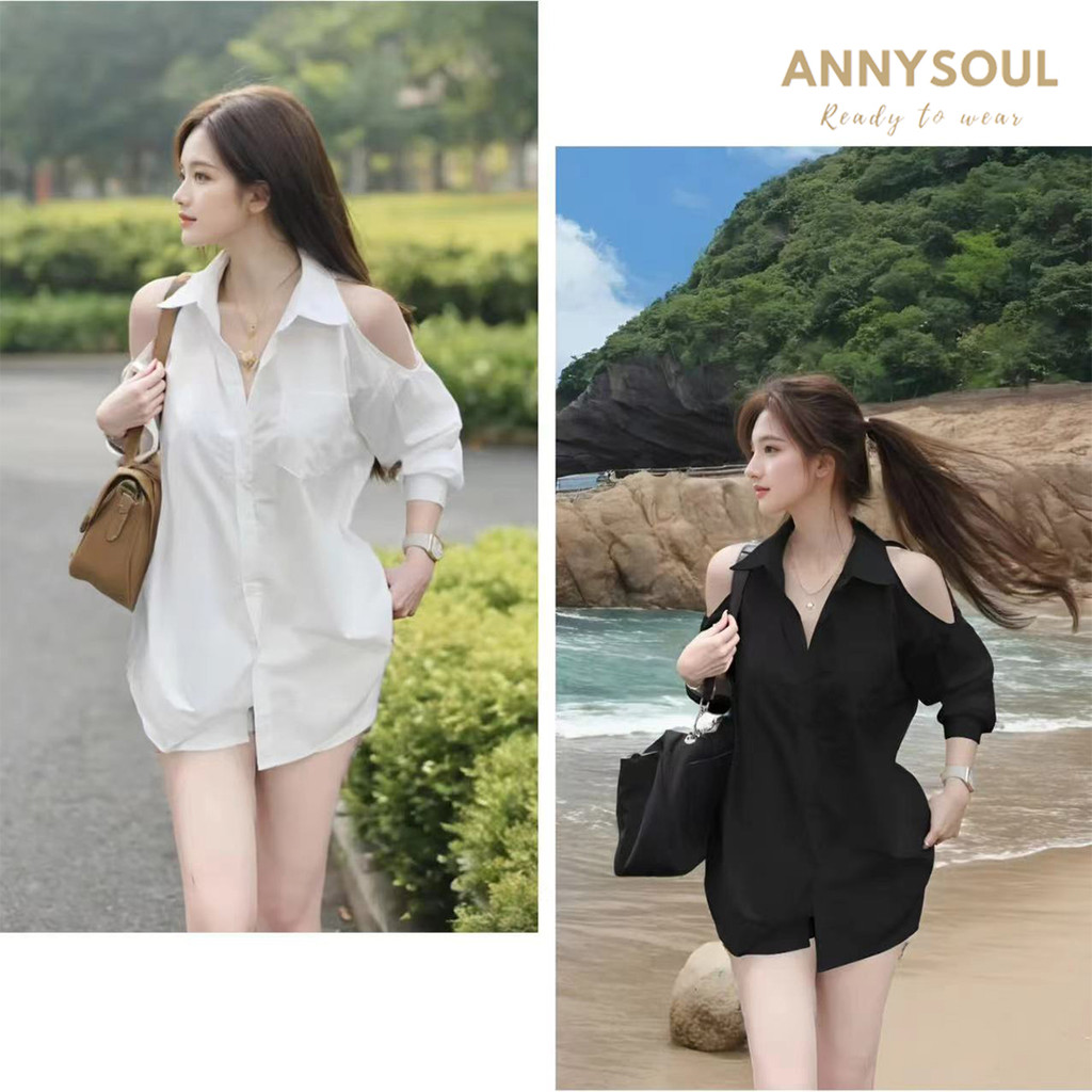 เสื้อเชิ้ตผู้หญิงแขนยาวคอปกใหม่ ดีไซน์เปิดไหล่
