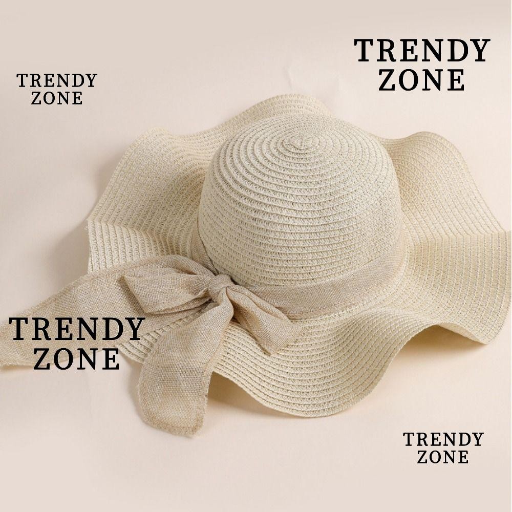 Trendyzone หมวกชายหาด, ริบบิ้นโบว์ป้องกันรังสียูวีหมวกฟางเดินทาง, แฟชั่นพับปีกกว้างแบบพกพาหมวกบังแดด