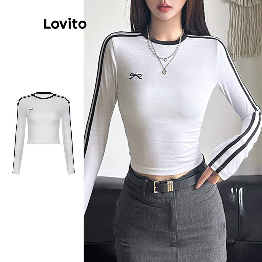 Lovito เสื้อยืด สไตล์วิทยาลัย ธรรมดา โค้งคำนับ บล็อกสี สำหรับผู้หญิง LNA73096