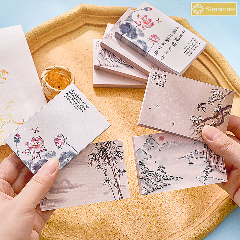 {Streamers} 50 แผ่น แผ่นบันทึกสไตล์จีนโบราณสไตล์ย้อนยุค Notepad Notes ตกแต่งบันทึกข้อความเครื่องเขียนอุปกรณ์สํานักงานใหม่