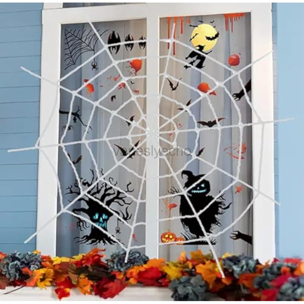 ซูเปอร์ขนาดใหญ่ 16 นิ้วสีดํา/สีขาว Spiderweb แมงมุมเว็บตกแต่งฮาโลวีนขนาดใหญ่ 5ft end-to-end ใยแมงมุมสีขาวตกแต่งฮาโลวีนรอบเชือก Spider Web