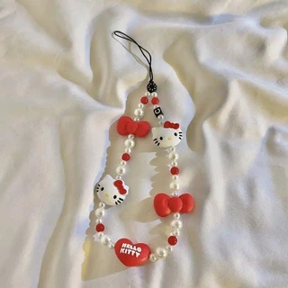 Kawaii Sanrio Mobile จี้ Hello Kitty Anti-lost Lanyard Key ข้อมือสั้นเชือกเครื่องประดับสีแดงพวงกุญแจอะนิเมะผู้หญิงมือถือโซ่