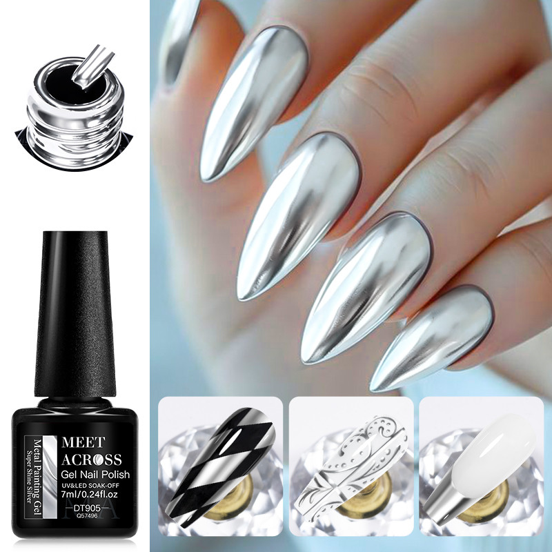 MEET ACROSS 7ml Glitter โลหะภาพวาดเจลกระจกเงินภาษาฝรั่งเศสคําวาดเล็บเจล Soak Off UV เจลเคลือบเงา