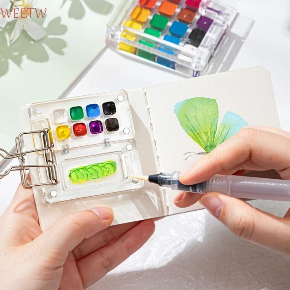 Weekw จานสีสีน้ํา, กล่องเม็ดสีสีขนาดเล็กอะคริลิค, อุปกรณ์ศิลปะ 8/15 ตารางพร้อมคลิปกล่องสีเปล่าแบบพับได้ การท่องเที่ยว