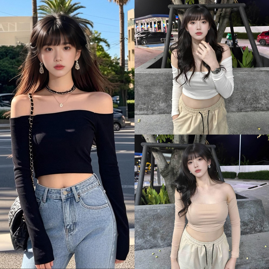 เสื้อครอปแขนยาวสไตล์เกาหลีที่น่ารักและมีดีไซน์เรียบง่าย พร้อมส่งทันที