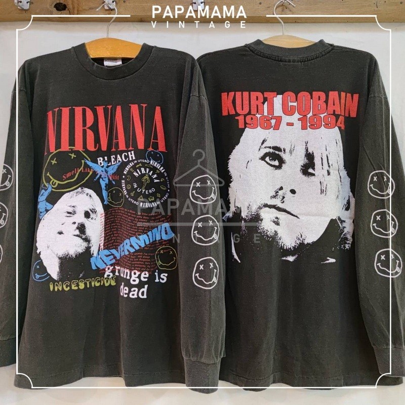 [ NIRVANA ] Kurt Cobain แขนยาว ฟอกพิเศษ เสื้อทัวร์ วงร๊อค วินเทจ papamama vintage shritSize S-5XL