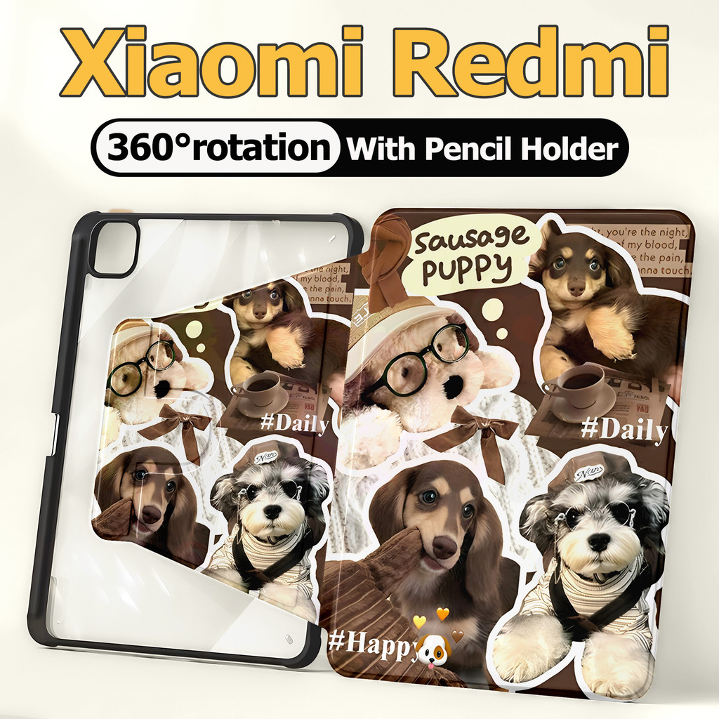เคส Redmi Pad SE 11นิ้ว เคส Xiaomi Pad 5 6 เสี่ยวมี่ แพด 6 5 Pro and Redmi Pad 10.61/pad pro12.1 การหมุน 720° มาพร้อมถาดใส่ปากกา Sunglasses Dog เคสแท็บเล็ต Xiaomi/Redmi