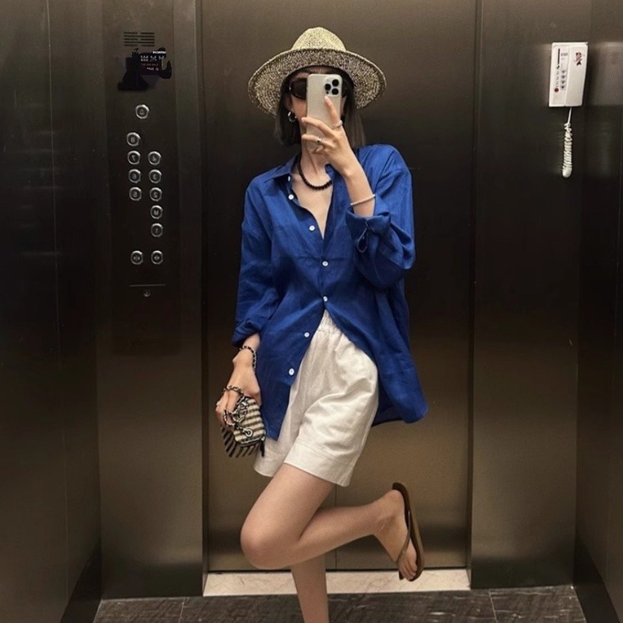 เสื้อเชิ้ตแขนยาวผ้าลินินผู้หญิงฤดูร้อนบางหลวมเงินเก่าสไตล์ รูปที่ 4