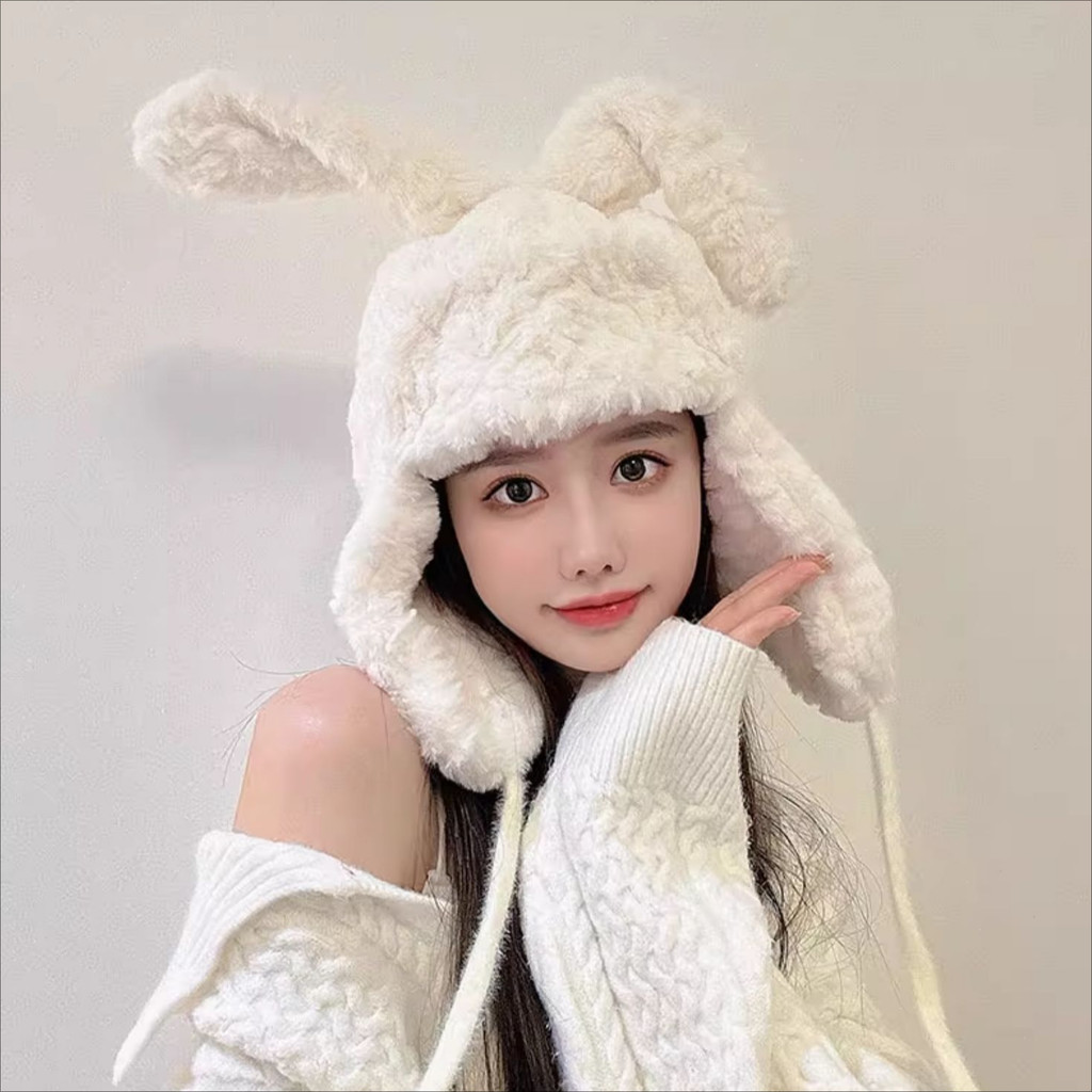 ญี่ปุ่นสีขาวตุ๊กตากระต่ายหู เล่ย ฮ หมวกหญิงฤดูใบไม้ร่วงฤดูหนาวกลางแจ้งเล่นสกีอบอุ่นน่ารักทุกการแข่งขันป้องกันหูหมวก