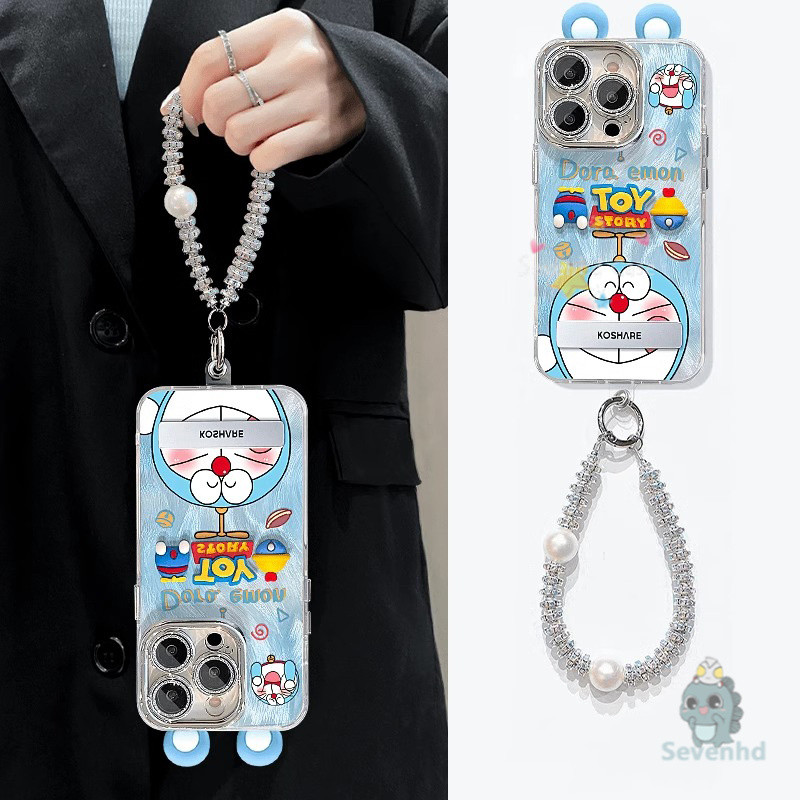 การ์ตูนโดราเอมอนทอยสตอรี่เคสโทรศัพท์+หู3ง+เชือกเส้นเล็ก+ผู้ถือสําหรับ ไอโฟน 11 16 15 14 13 12 มือโปร สูงสุด หรูหราเลเซอร์ขนนกเส้นด้ายชุบกรณีกันกระแทกป้องกันปกหลัง