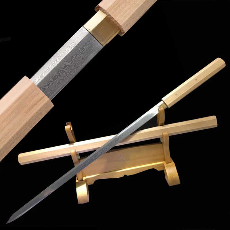 Shirasaya Sword-Folded Steel Forged Damascus Blade Full Tang Sharp Ready Nature Wooden Saya-8 Sides 