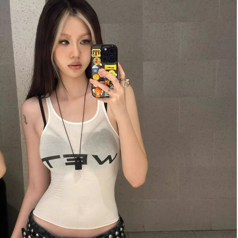 2024 ใหม่ Y2K ผู้หญิงเซ็กซี่พิมพ์ตัวอักษรเซ็กซี่ดูผ่าน slim Crop Tops สีขาว Racerback เสื้อกั๊ก
