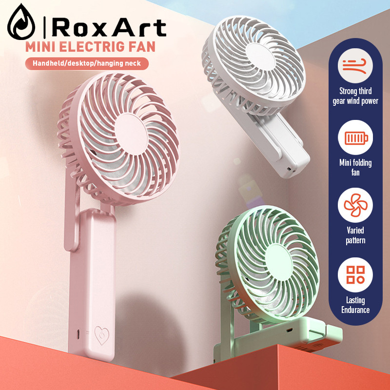 RoxArt พัดลมระบายความร้อน แบบคล้องคอ ขนาดเล็ก แบบพกพา พับได้ พร้อมสายคล้อง ชาร์จ Usb