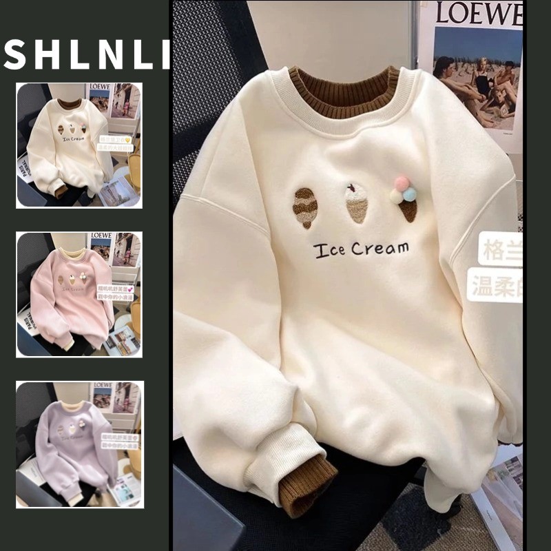 ฤดูใบไม้ร่วงฤดูหนาวผู้หญิงน่ารักสไตล์เกาหลี 3ง ปักรอบคอเสื้อปลอมสองชิ้นเสื้อแขนยาว