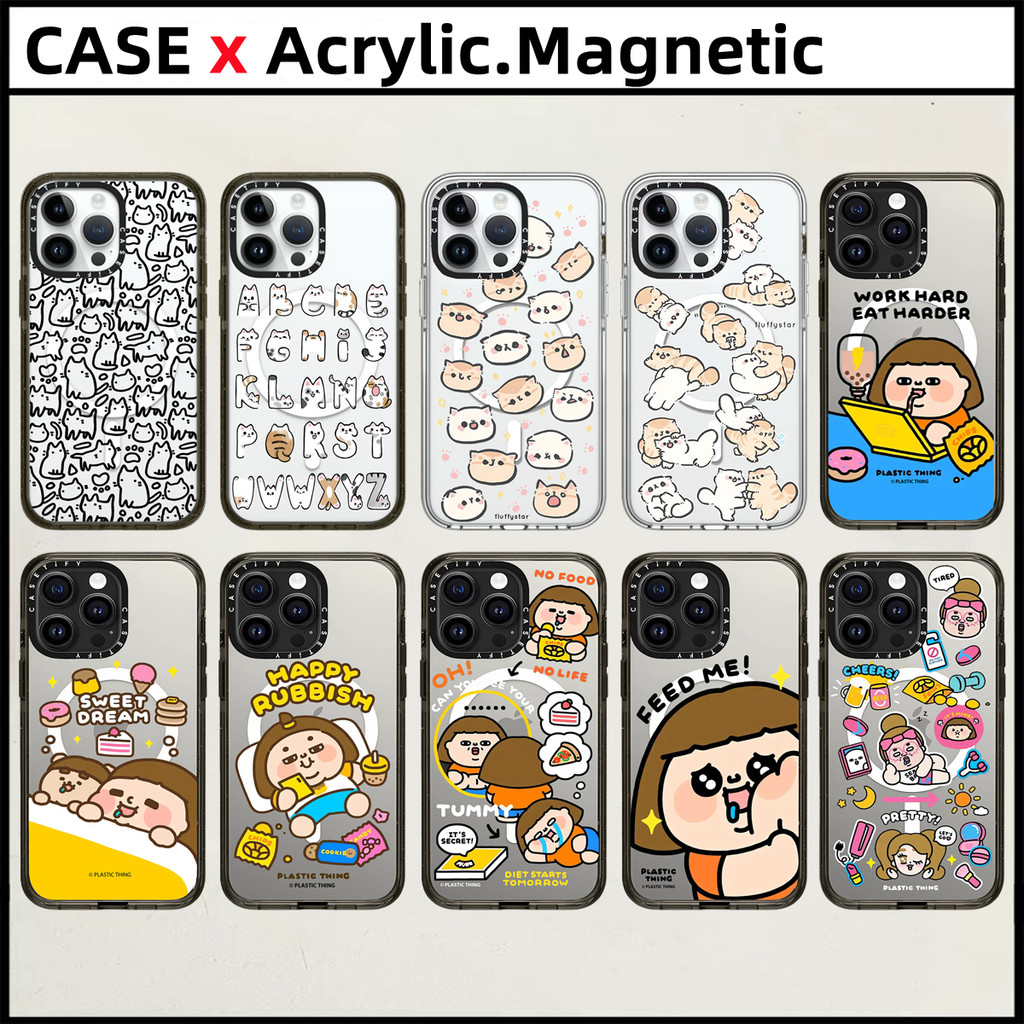 Casetifyline Cat อะคริลิคแม่เหล็กสําหรับ iPhone 15 16 Pro Max 14 15 16 Plus กรณี FluffyStar คู่แมว Bobo และ Nini พลาสติก ThingFashion แกะสลักด้านข้างตัวอักษรฝาครอบป้องกัน