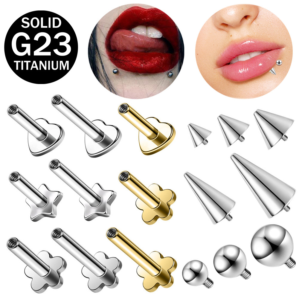 1 Pc 16G Lip Labret เจาะเปลี่ยน G23 ไทเทเนียม Lip Stud เปลี่ยนหัวใจดอกไม้ Star หูเจาะเปลี่ยน Silver Gold Cone Ball ต่างหูสตั๊ดเปลี่ยน