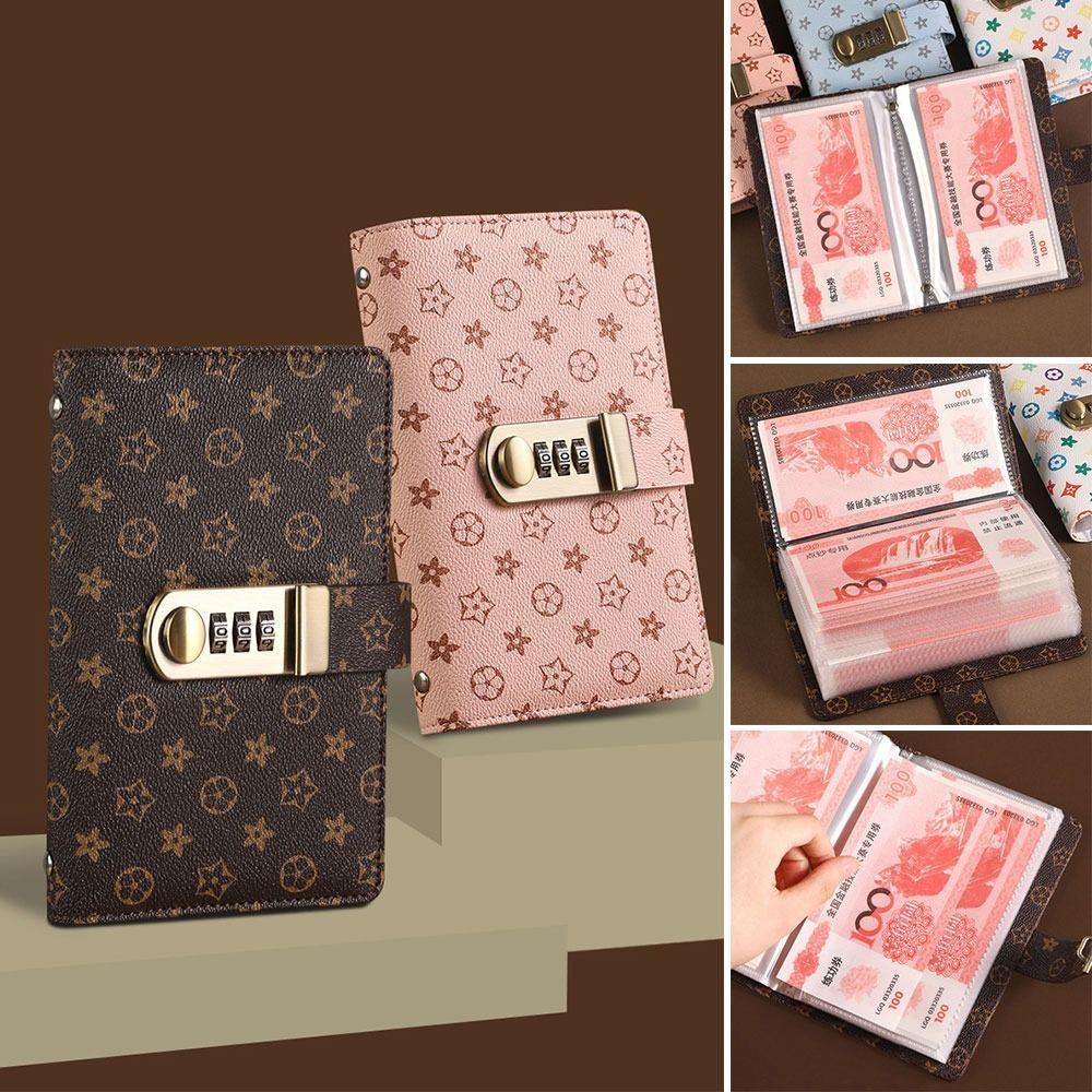 Tainakaritsu 100 ซองประหยัดเงิน Challenge ประหยัดเงิน PU Mini Binder Saving Challenge, กันน้ําความจุขนาดใหญ่พร้อมรหัสผ่านล็อค Saving Challenges แผ่นคู่