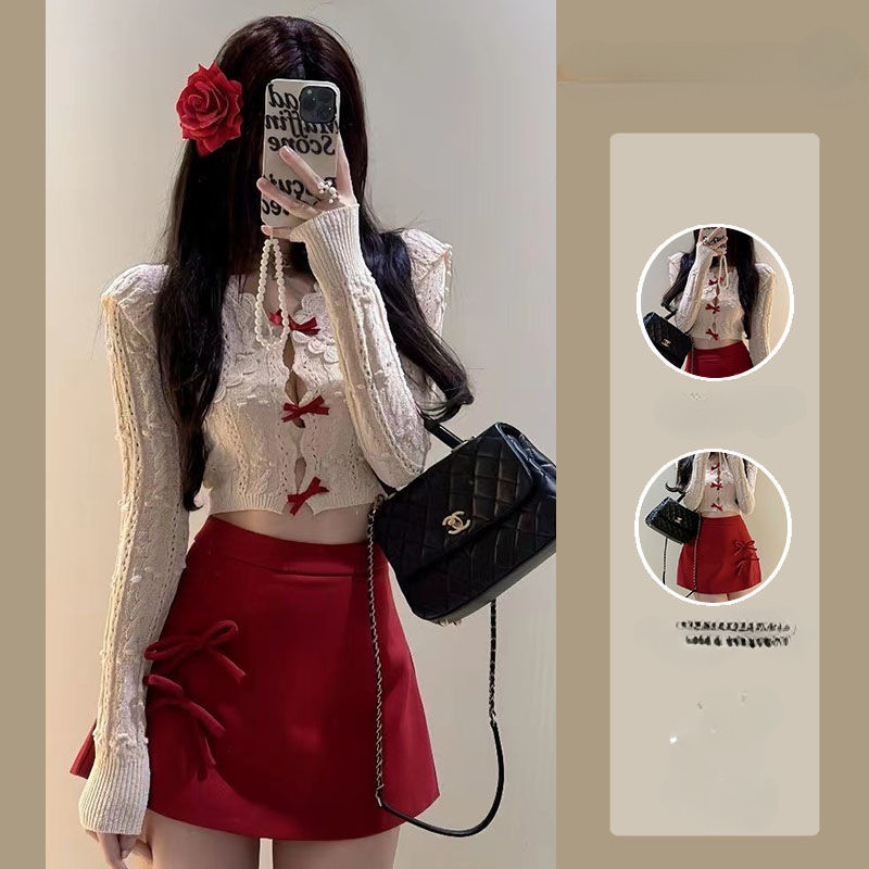 พร้อมสต็อกสูทผู้หญิงฤดูใบไม้ร่วงบริสุทธิ์ปรารถนาสไตล์สาวร้อนออกแบบกลวงโบว์ถักคาร์ดิแกนด้านบนเอวสูงกระโปรง