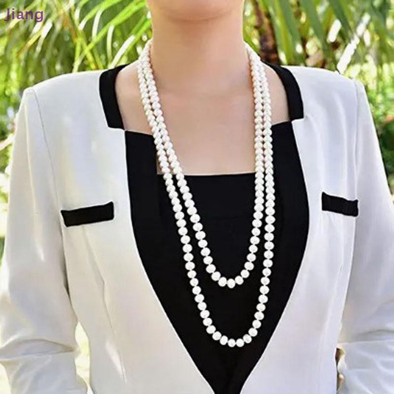 Jiang ยาวครีมสร้อยคอแก้วสําหรับผู้หญิงเลียนแบบ Pearl Party เครื่องประดับแฟชั่น Multi-layer เสื้อกันหนาวลูกปัด TH