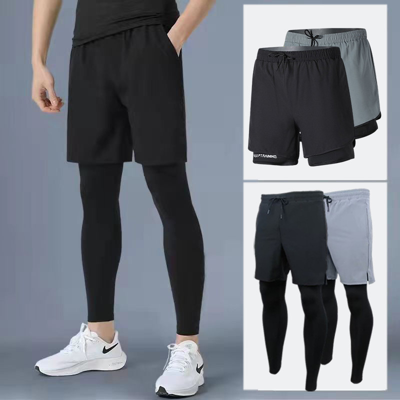 กางเกงขาสั้นชายไซส์ M-5XL เนื้อผ้าไหมน้ำแข็งแห้งเร็ว ทรงหลวมสำหรับวิ่ง เล่นบาส ฝึกซ้อม สีดำ-เทา