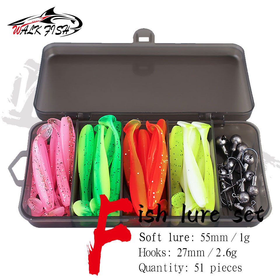 เดินปลา 51 ชิ้น/เซ็ตชุดเหยื่อตกปลา 40 ชิ้น T-Tail Soft Lures & 10 ชิ้น Hook พร้อมกล่องเก็บ