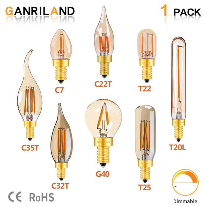GANRILAND Retro Vintage Edison Dimmable LED Filament Light Bulbs E12 E14 Amber Glass Bombilla C7 T16