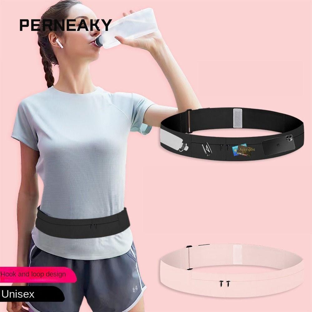Perneaky เข็มขัดวิ่งบาง, ซิปที่มองไม่เห็นสีชมพูสีดําวิ่ง Fanny Pack, พร้อมกระเป๋า 3 ใบและที่วางขวดน้ํา Polyamide เข็มขัดเอวแพ็ควิ่งจ๊อกกิ้งเดินป่ามาราธอน