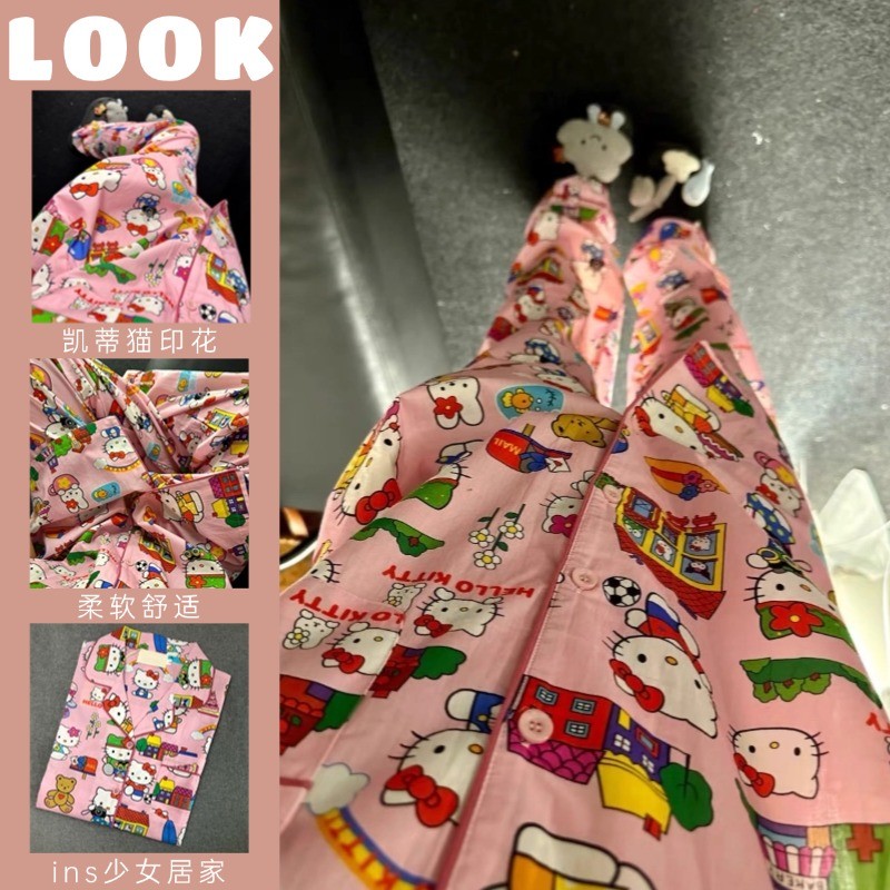 ชุดนอนสตรีฤดูใบไม้ผลิและฤดูใบไม้ร่วงสไตล์ใหม่สีชมพู Hello Kitty พิมพ์กางเกงแขนสั้นน่ารักหน้าแรกสวมสูทสไตล์เกาหลี