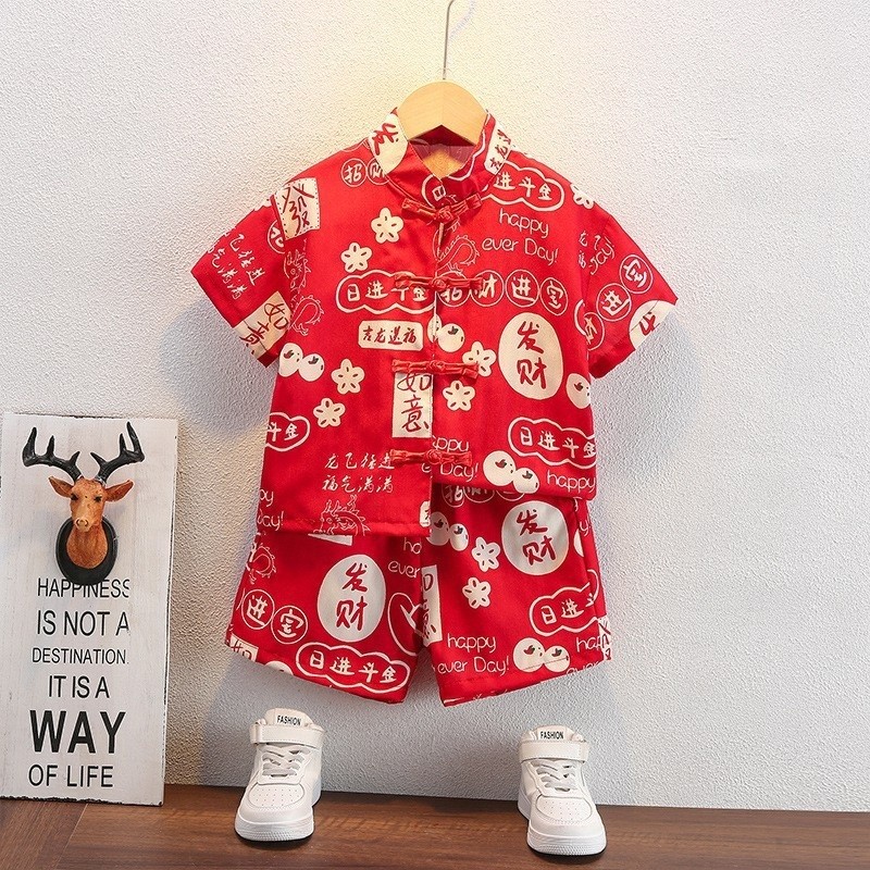 Uhome Kids Chinese Red Hanfu Boys Summer Short Sleeve Breathable Tang Suit