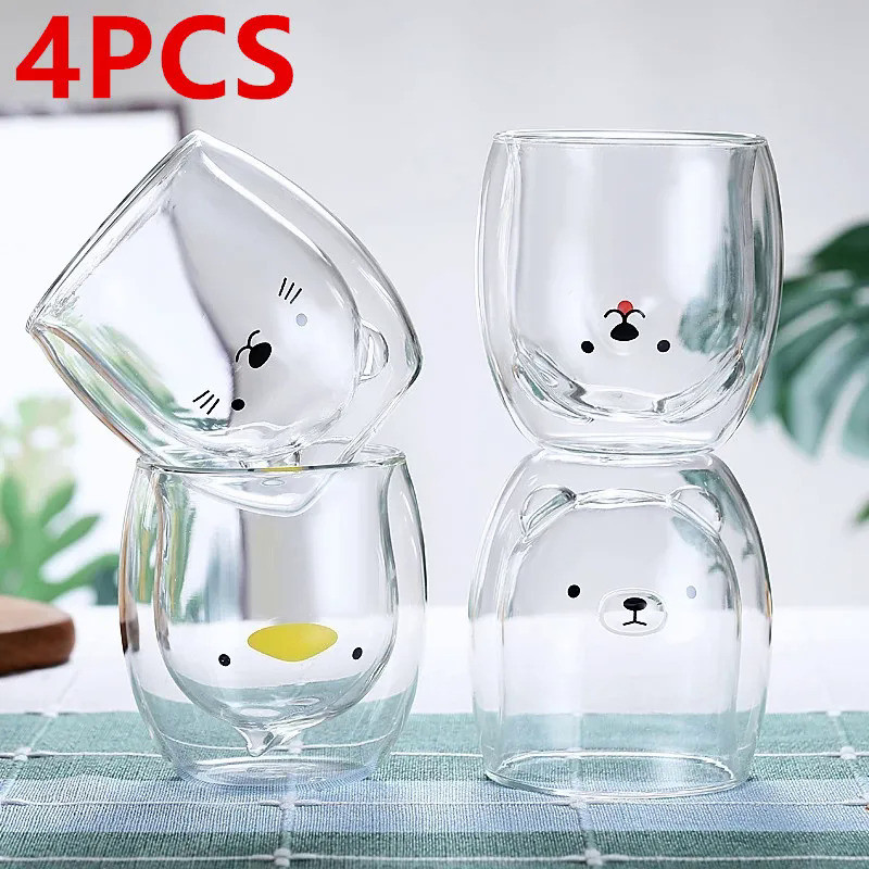 4PCS Creative Cute Double Wall Glass Mug 250ml Bear Cat Dog Duck Animal Glass Mug Cute Beer Milk Cof