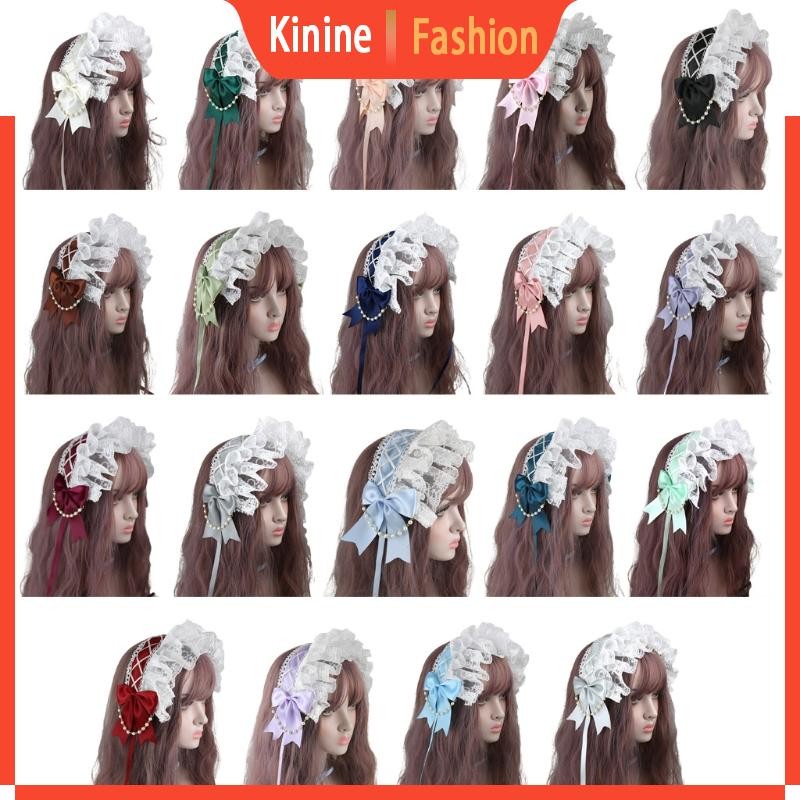 Kin ที่คาดผมลูกไม้ Lolita Maid Ruffled Ribbon Bowknot Pearl Chain เครื่องประดับผ้าโพกศีรษะ