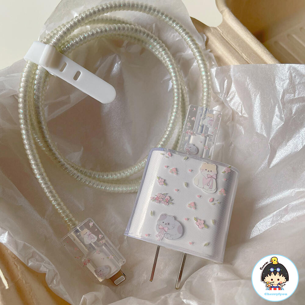 Insดอกไม้สดแมวซิลิโคนโปร่งใสchargerสําหรับiphone 11 12 13 14 18W-20W Fast Chargeป้องกันเครื่องชาร์จฝาครอบแขน