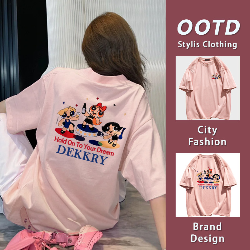 เสื้อยืดแขนสั้นลายพิมพ์ Powerpuff Girlsสำหรับผู้หญิง แบบหลวม สไตล์อเมริกัน ผ้าคอตตอนครึ่งแขน YG937