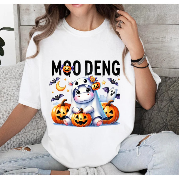 ปกติ✨ เสื้อยืด Funny Moo Deng Halloween Png, Bouncy Pig Png T-shirt S-5XL 🎃🎃