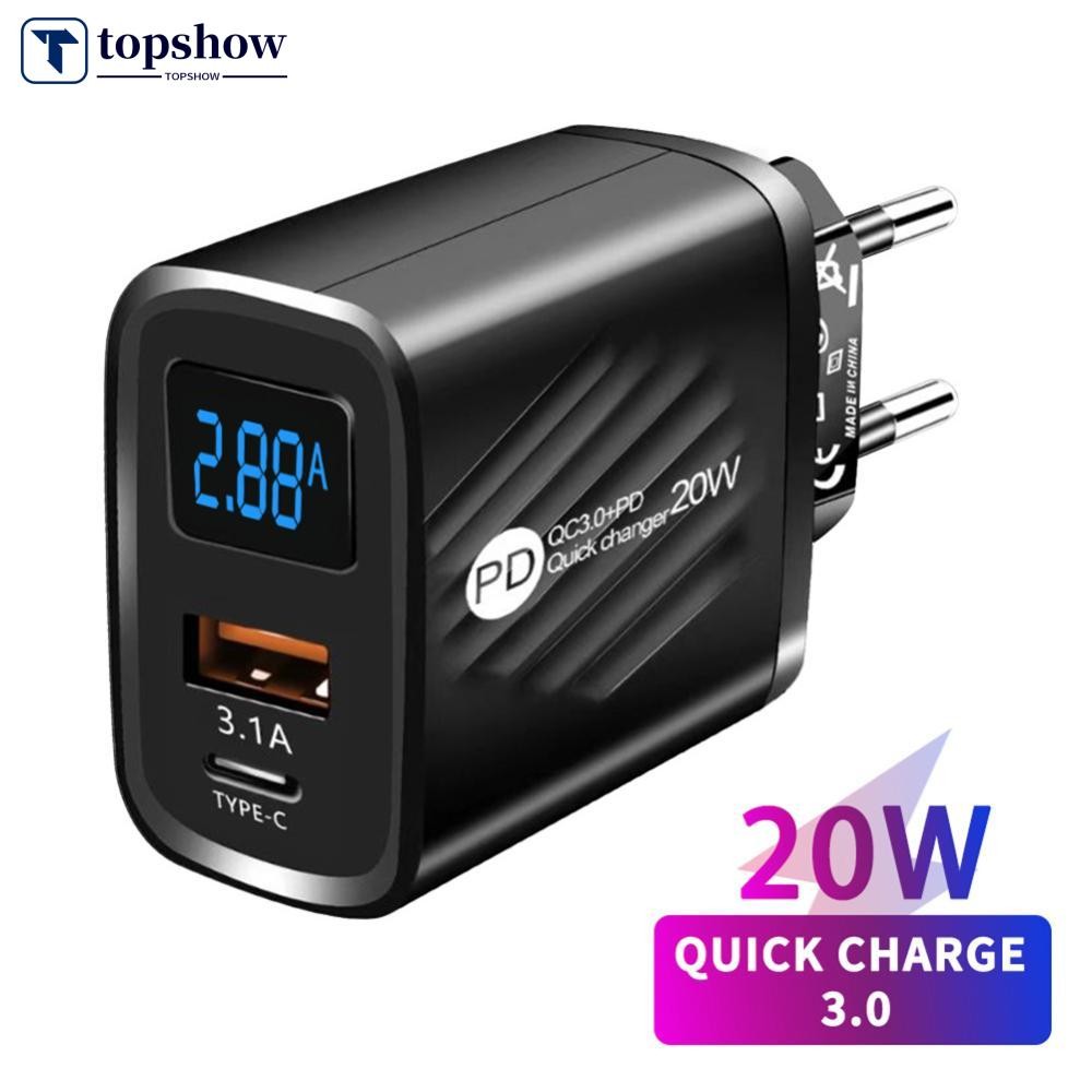 Topshow PD 20W USB Charger จอแสดงผลดิจิตอล Fast Charging Charger Quick Charge 3.0 ชาร์จโทรศัพท์อะแดปเตอร์ I7V4