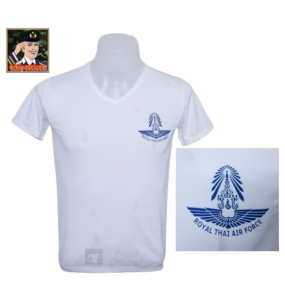 เสื้อกล้ามกองทัพอากาศสีขาว ปกคอกลม และตราสัญลักษณ์กองทัพอากาศไทย