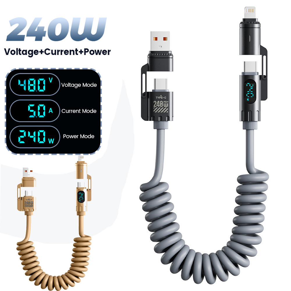 Elough 240W สังกะสีอัลลอยด์ 4 In 1 Digital Spring Fast สายชาร์จ USB A/Type C Charger Wire 2M รองรับ CarPlay Carlife