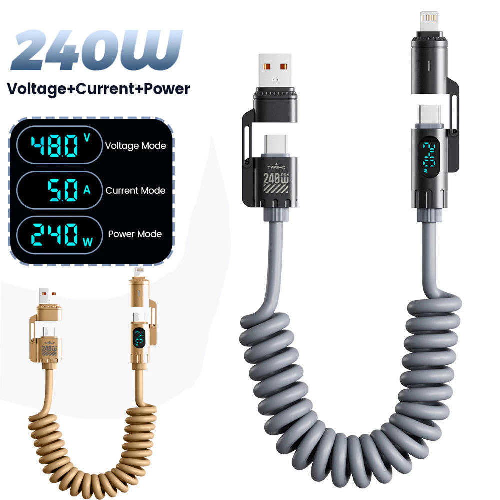 Elough 240W สังกะสีอัลลอยด์ 4 In 1 Digital Spring Fast สายชาร์จ USB A/Type C Charger Wire 2M รองรับ CarPlay Carlife