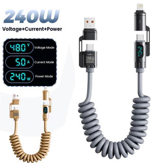 Elough 240W สังกะสีอัลลอยด์ 4 In 1 Digital Spring Fast สายชาร์จ USB A/Type C Charger Wire 2M รองรับ CarPlay Carlife