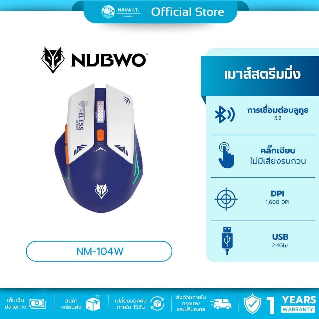 🛵มีส่งด่วน💨 NUBWO NM-104W BLUE WIRELESS & BLUETOOTH GAMING MOUSE มีไฟLED เมาส์ไร้สาย รับประกัน 1ปี