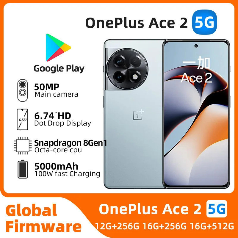 Oiginal OnePlus ACE 2 Global Rom 5G โทรศัพท์มือถือ 6.74 นิ้ว 3D AMOLED Snapdragon 8+ Octa Core 50MP 