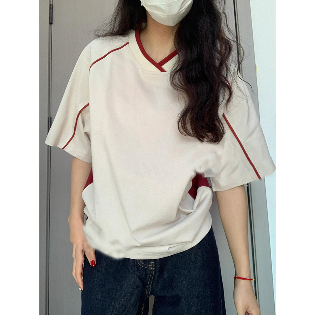 TAYCEN M-2XL แขนสั้น เสื้อยืด ผู้หญิง  ฝ้าย เสื้อ คอวี oversize เกาหลี โอเวอร์ไซส์