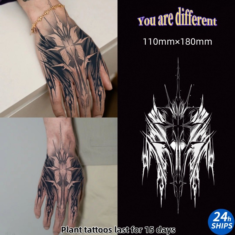 สีดําเกราะลายสักครอบงําชายมือกลับพืชสักสติกเกอร์รอยสักกันน้ํายาวนาน15วันผิวสติกเกอร์ชั่วคราวสักปลอม